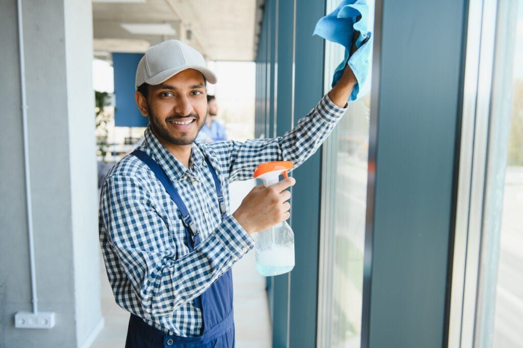 Young indian man washing window in office.